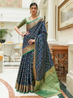 Akhilam - Womens Silk Blend Navy Blue Woven Designer Saree with Unstitched Blouse