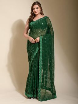 Akhilam - Womens Georgette Green Embellished Designer Saree with Unstitched Blouse