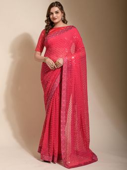 Akhilam - Womens Georgette Pink Embellished Designer Saree with Unstitched Blouse
