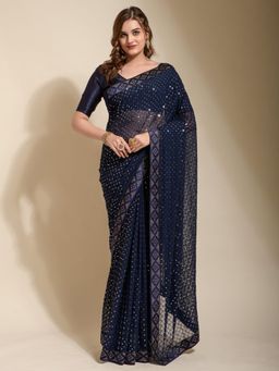 Akhilam - Womens Georgette Navy Blue Embellished Designer Saree with Unstitched Blouse