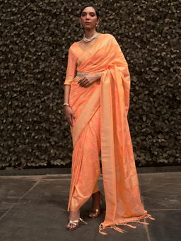 Akhilam - Womens Nylon Peach Woven Designer Saree with Unstitched Blouse