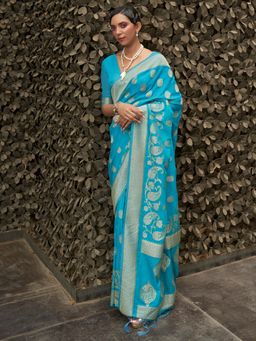 Akhilam - Womens Nylon Blue Woven Designer Saree with Unstitched Blouse