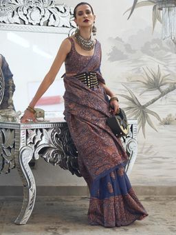 Akhilam - Womens Silk Blend Navy Blue Printed Designer Saree with Unstitched Blouse