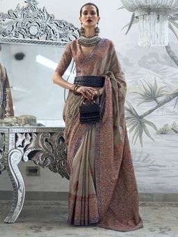 Akhilam - Womens Silk Blend Grey Printed Designer Saree with Unstitched Blouse