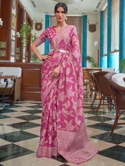Akhilam - Womens Cotton Linen Pink Woven Designer Saree with Unstitched Blouse