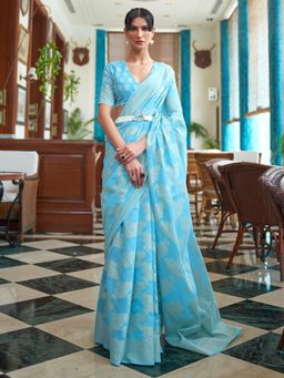 Akhilam - Womens Cotton Linen Turquoise Woven Designer Saree with Unstitched Blouse