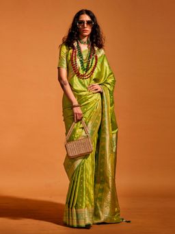 Akhilam - Womens Satin Silk Light Green Woven Designer Saree with Unstitched Blouse