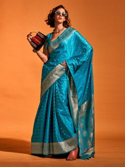 Akhilam - Womens Satin Silk Light Blue Woven Designer Saree with Unstitched Blouse