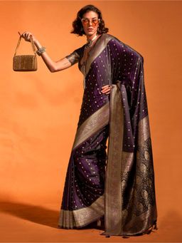 Akhilam - Womens Satin Silk Purple Woven Designer Saree with Unstitched Blouse