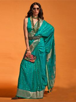 Akhilam - Womens Satin Silk Teal Blue Woven Designer Saree with Unstitched Blouse