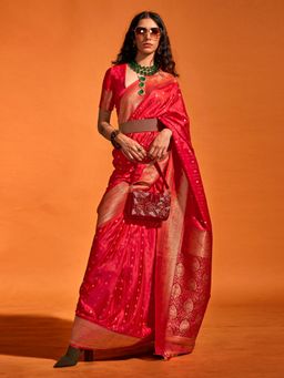 Akhilam - Womens Satin Silk Red Woven Designer Saree with Unstitched Blouse