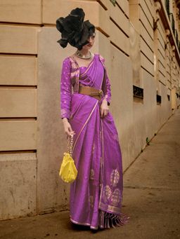 Akhilam - Womens Satin Silk Purple Woven Designer Saree with Unstitched Blouse