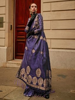 Akhilam - Womens Satin Silk Navy Blue Woven Designer Saree with Unstitched Blouse