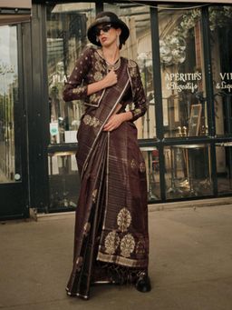 Akhilam - Womens Satin Silk Brown Woven Designer Saree with Unstitched Blouse