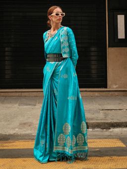 Akhilam - Womens Satin Silk Blue Woven Designer Saree with Unstitched Blouse