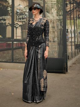 Akhilam - Womens Satin Silk Black Woven Designer Saree with Unstitched Blouse