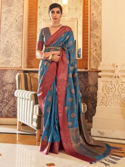 Akhilam - Womens Silk Blend Teal Blue Woven Designer Saree with Unstitched Blouse
