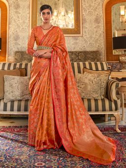 Akhilam - Womens Silk Blend Orange Woven Designer Saree with Unstitched Blouse