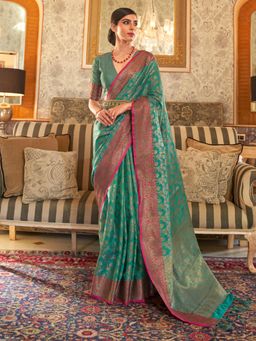 Akhilam - Womens Silk Blend Blue Woven Designer Saree with Unstitched Blouse