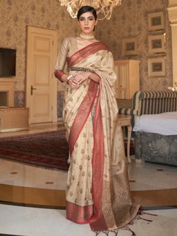 Akhilam - Womens Silk Blend Cream Woven Designer Saree with Unstitched Blouse
