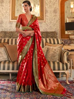 Akhilam - Womens Silk Blend Red Woven Designer Saree with Unstitched Blouse