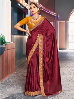 Akhilam - Womens Vichitra Silk Maroon Handloom Celebrity Saree with Unstitched Blouse