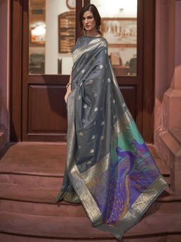 Akhilam - Womens Silk Blend Grey Woven Design Handloom Saree with Unstitched Blouse