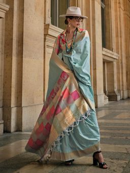 Akhilam - Womens Soft Silk Light Blue Woven Designer Saree with Unstitched Blouse