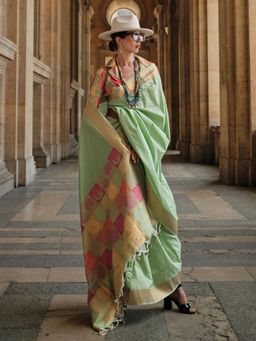 Akhilam - Womens Soft Silk Light Green Woven Designer Saree with Unstitched Blouse