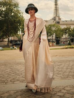 Akhilam - Womens Satin Silk Cream Woven Designer Saree with Unstitched Blouse