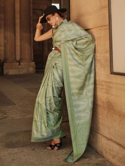Akhilam - Womens Satin Silk Sea Green Woven Designer Saree with Unstitched Blouse