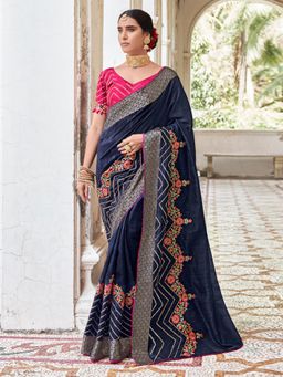 Akhilam - Womens Cotton Blend Navy Blue Embroidered Designer Saree with Unstitched Blouse
