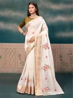 Akhilam - Womens Cotton Blend Cream Embroidered Designer Saree with Unstitched Blouse