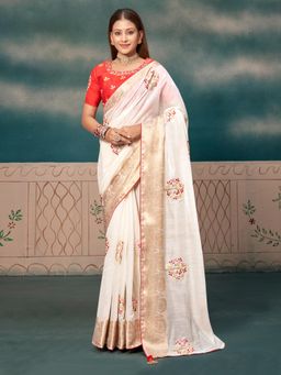 Akhilam - Womens Cotton Blend Cream Embroidered Designer Saree with Unstitched Blouse
