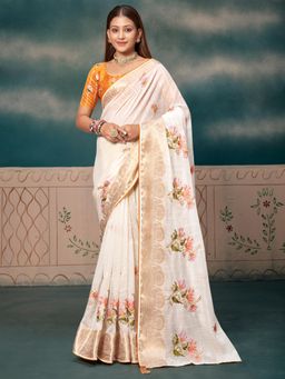 Akhilam - Womens Cotton Blend Cream Embroidered Designer Saree with Unstitched Blouse
