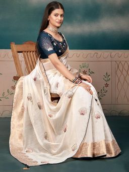 Akhilam - Womens Cotton Blend Cream Embroidered Designer Saree with Unstitched Blouse