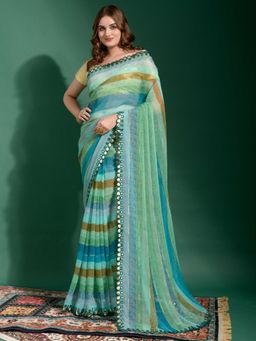 Akhilam - Womens Chiffon Blue Embellished Designer Saree with Unstitched Blouse