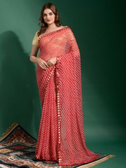 Akhilam - Womens Chiffon Red Embellished Designer Saree with Unstitched Blouse