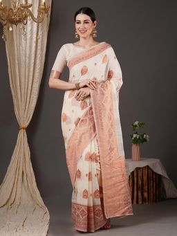 Akhilam - Womens Silk Blend Beige Woven Designer Saree with Unstitched Blouse