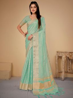 Sareemall - Womens Cotton Silk Light Blue Woven Designer Saree with Unstitched Blouse