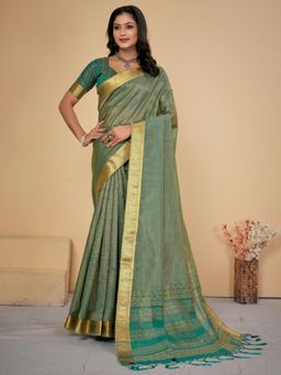 Sareemall - Womens Cotton Silk Sea Green Embellished Designer Saree with Unstitched Blouse