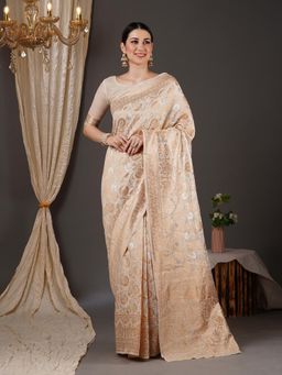 Akhilam - Womens Silk Blend Cream Woven Designer Saree with Unstitched Blouse