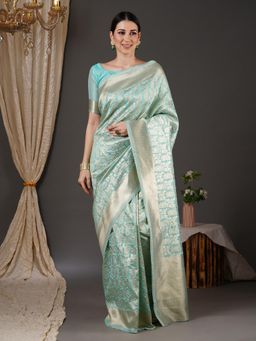 Akhilam - Womens Silk Blend Turquoise Woven Designer Saree with Unstitched Blouse