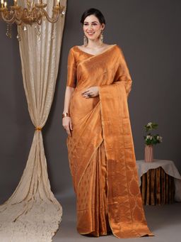 Akhilam - Womens Silk Blend Beige Woven Designer Saree with Unstitched Blouse