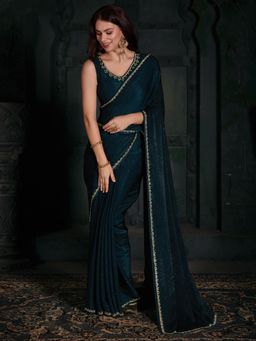Sareemall - Womens Velvet Teal Blue Embellished Designer Saree with Unstitched Blouse