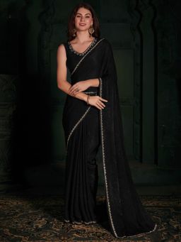 Sareemall - Womens Velvet Black Embellished Designer Saree with Unstitched Blouse