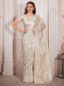 Sareemall - Womens Satin Silk Beige Embellished Designer Saree with Unstitched Blouse