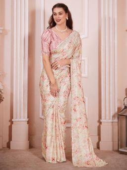 Sareemall - Womens Satin Silk Beige Embellished Designer Saree with Unstitched Blouse