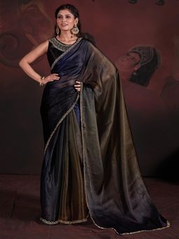 Sareemall - Womens Organza Navy Blue Embellished Designer Saree with Unstitched Blouse