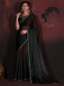 Sareemall - Womens Organza Dark Green Embellished Designer Saree with Unstitched Blouse